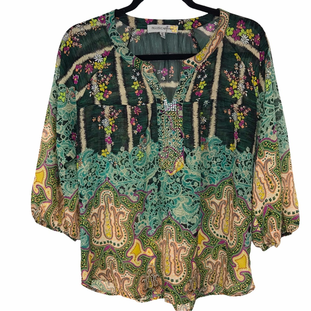 figueroa & flower peasant boho blouse top floral embellished